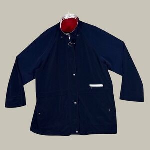 Fitzwright Navy Blue Windbreaker Jacket Womens 1X Red White Trim Full Zip Coat